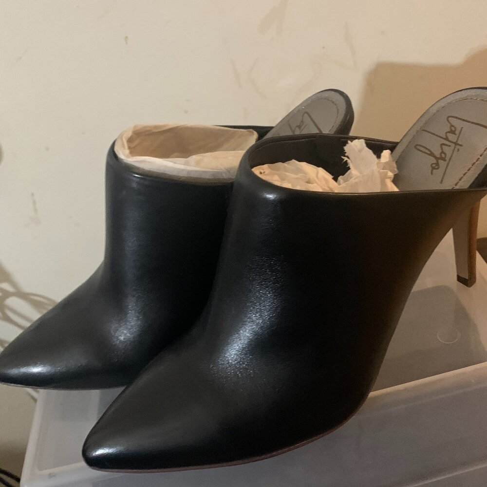Black, Latigo leather pointed toe heeled slides size 10